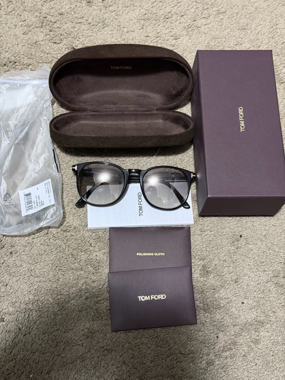 Tom Ford Black Round Optical Glasses with Brown Case and Plum Box
